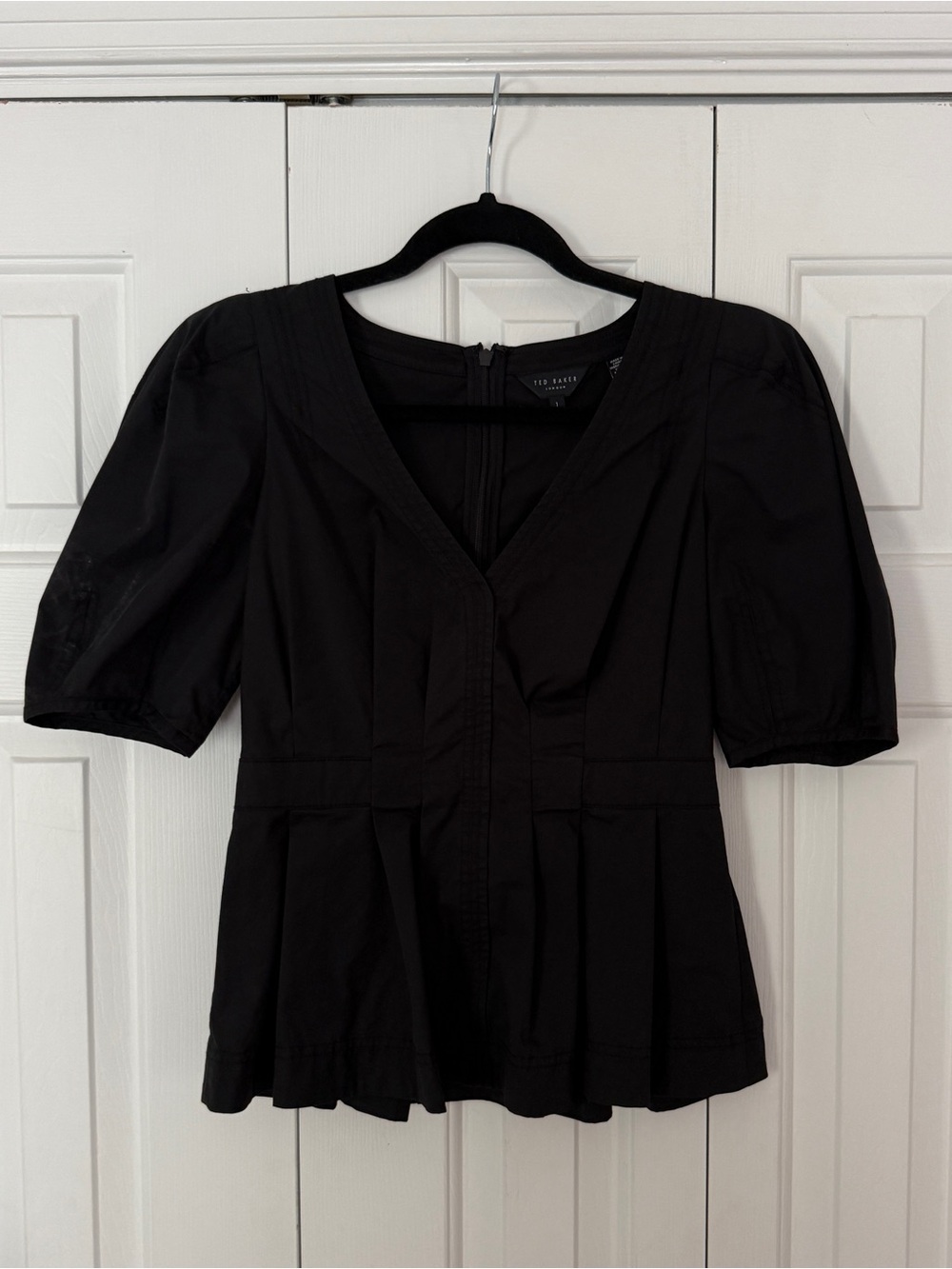 Ted Baker London Black V-Neck Puff Sleeve Peplum Blouse